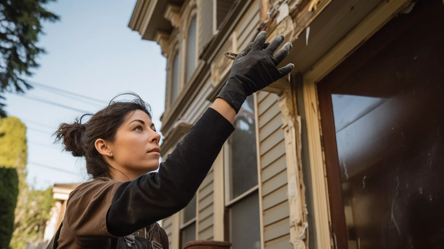 A woman wearing gloves is painting a house managed by an Oakland rental property management company.
