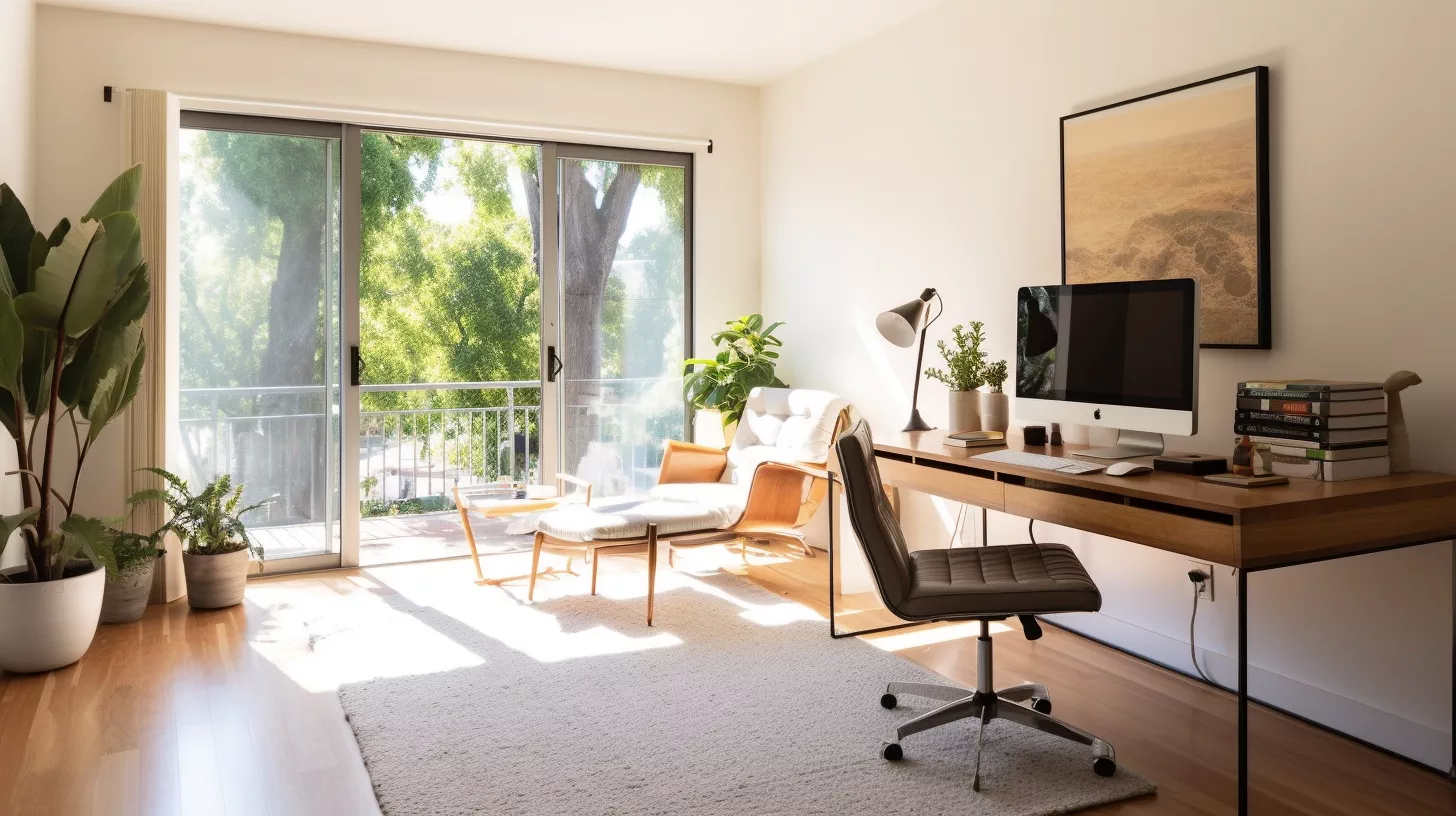 A home office with a desk, chair and a window, managed by San Leandro Property Management.