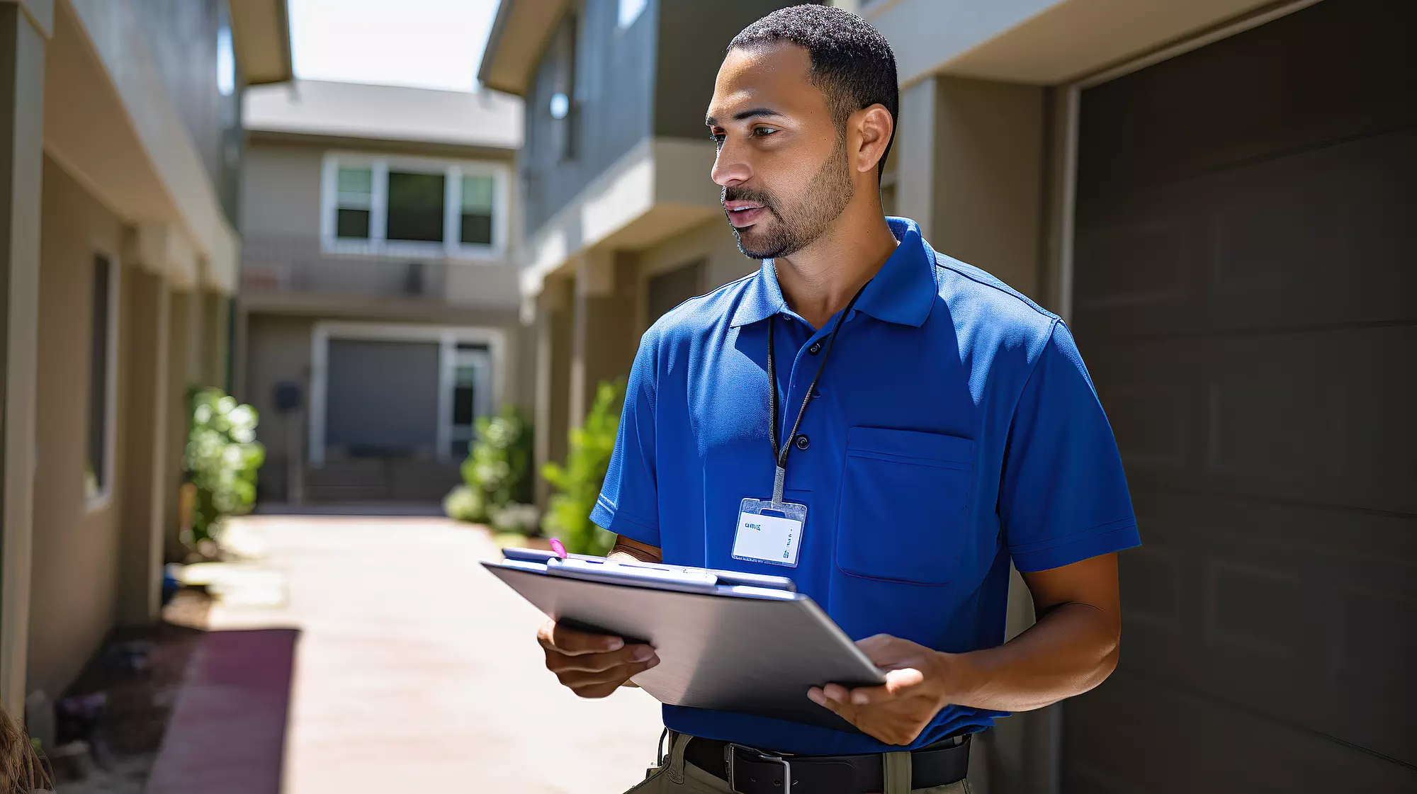 A man holding a clipboard in front of a house prepares for a rental inspection.
