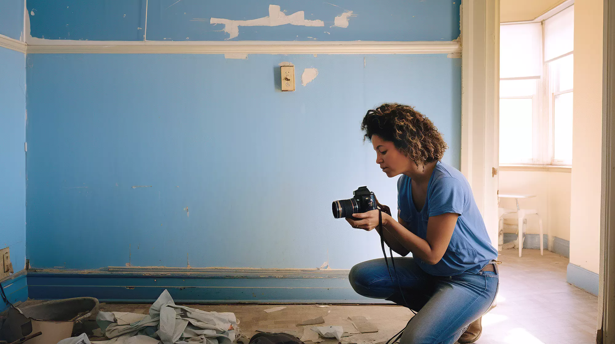 A SLPM Property Management inspector conducting a rental inspection in a San Leandro apartment with blue walls.