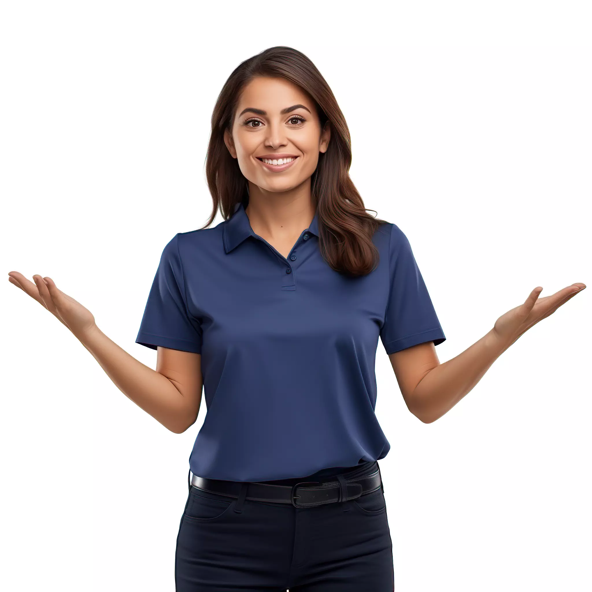 A woman wearing a blue polo shirt with ERROR 404 her hands outstretched.