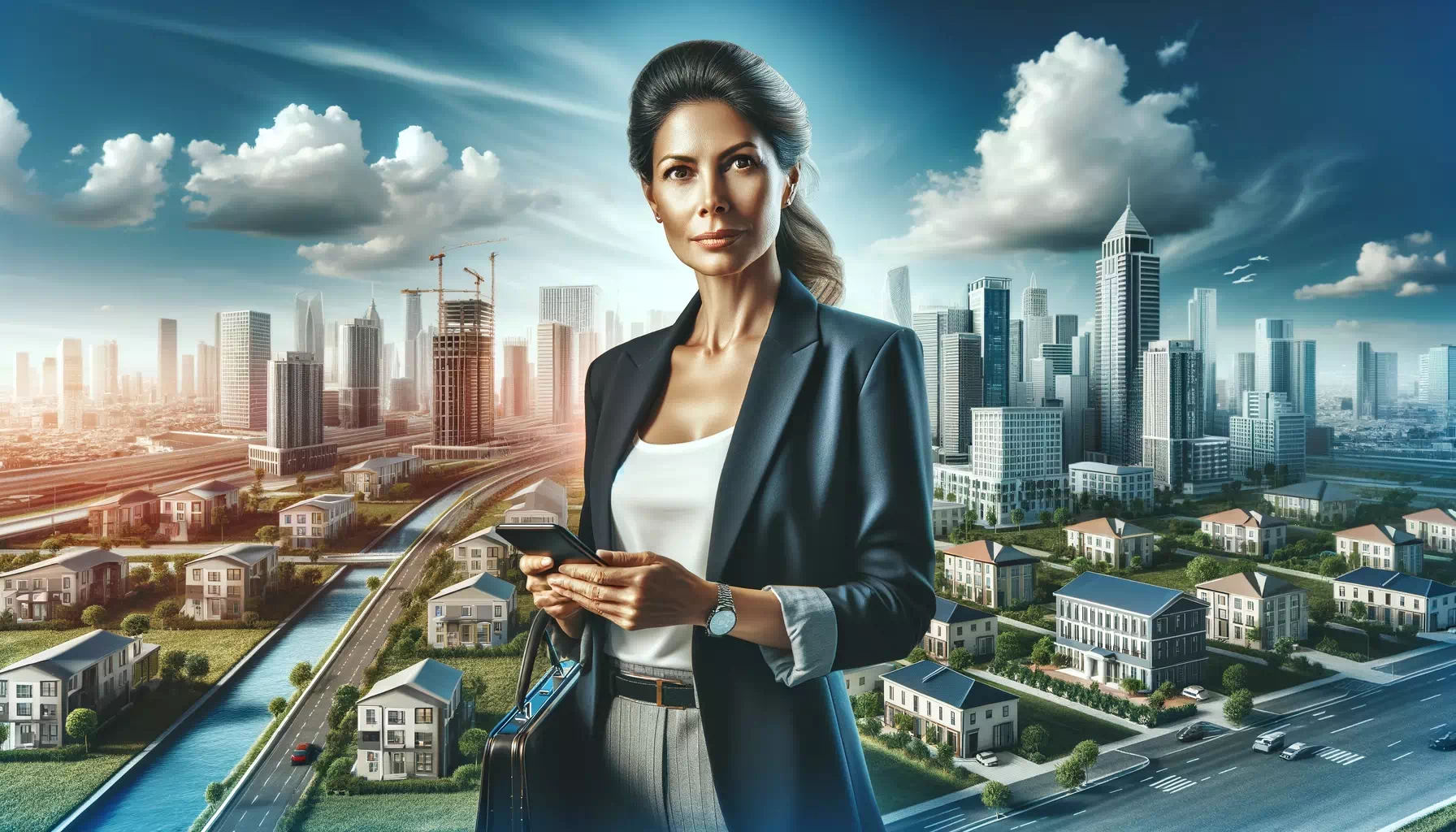A woman holding a cell phone in front of a city to maximize profits.