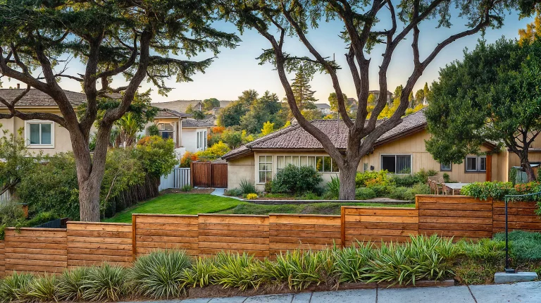 A suburban scene with a wooden fence in the foreground, a green lawn, and houses managed by rental property management companies surrounded by large trees and shrubs in the background.
