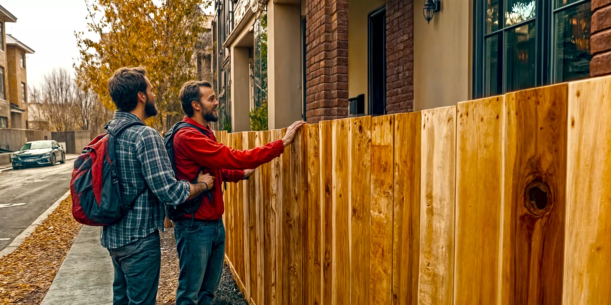 Two men, perhaps East Bay DIY landlords, stand outside a house, peering over a wooden fence. One man touches the fence while the other holds his arm. Houses and a car are visible in the background.