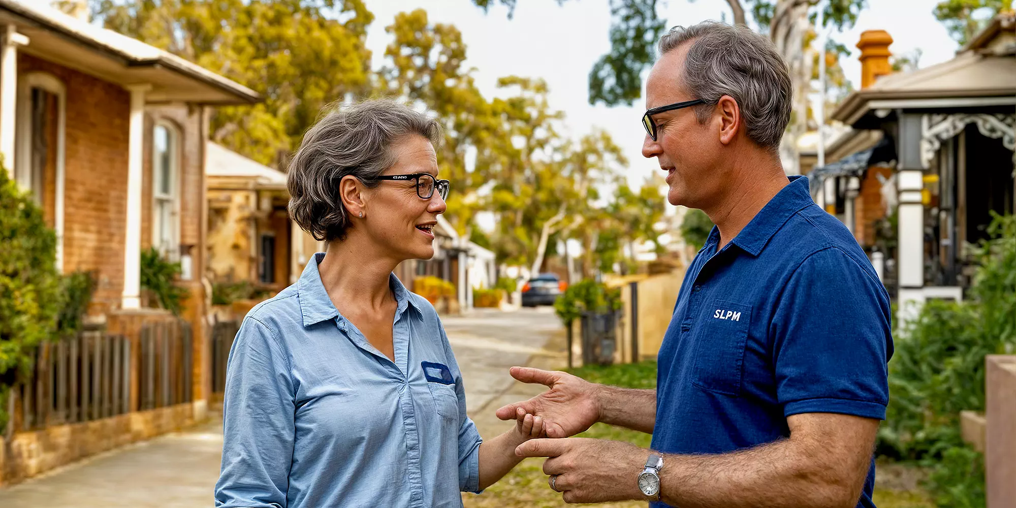 Two people are having a friendly conversation outside on a suburban street in San Francisco, discussing the recent AI Rent Ban, with houses and trees in the background.