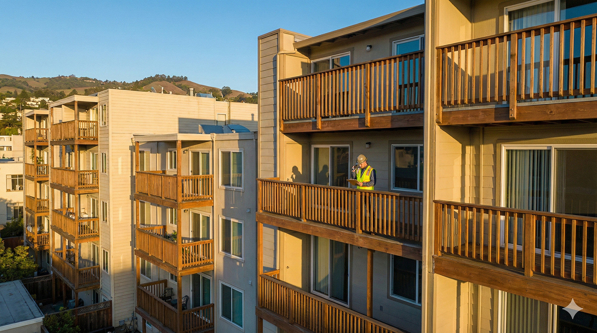 A person wearing a safety vest stands on the balcony of a multi-story apartment building managed by SLPM Oakland Property Management during daylight.
