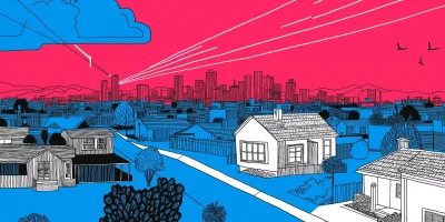 Illustration of a suburban neighborhood featuring houses, trees, and a distant city skyline under a vibrant pink sky with blue clouds and trails. Birds fly on the right side, capturing the essence of professional property management in harmony with nature.