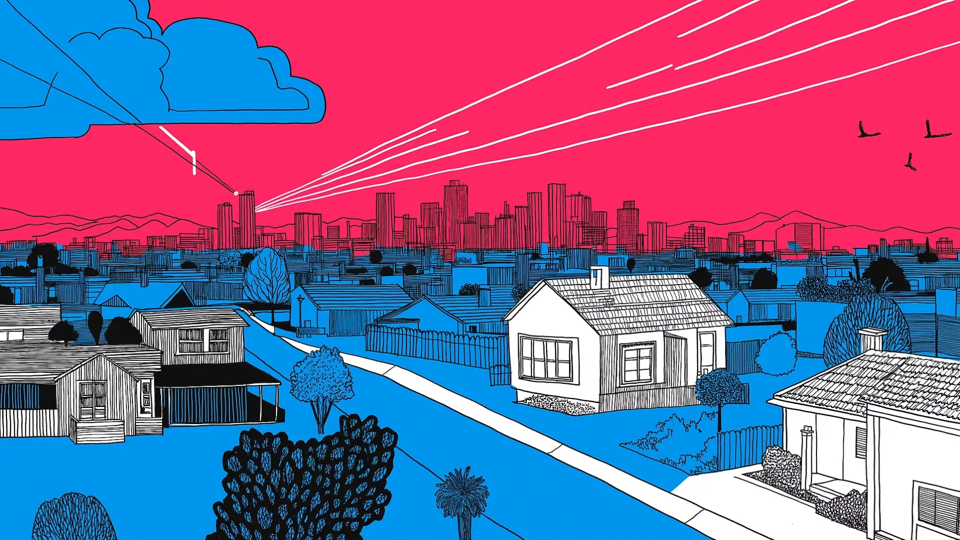 Illustration of a suburban neighborhood featuring houses, trees, and a distant city skyline under a vibrant pink sky with blue clouds and trails. Birds fly on the right side, capturing the essence of professional property management in harmony with nature. Illustration of a suburban neighborhood featuring houses, trees, and a distant city skyline under a vibrant pink sky with blue clouds and trails. Birds fly on the right side, capturing the essence of professional property management in harmony with nature.