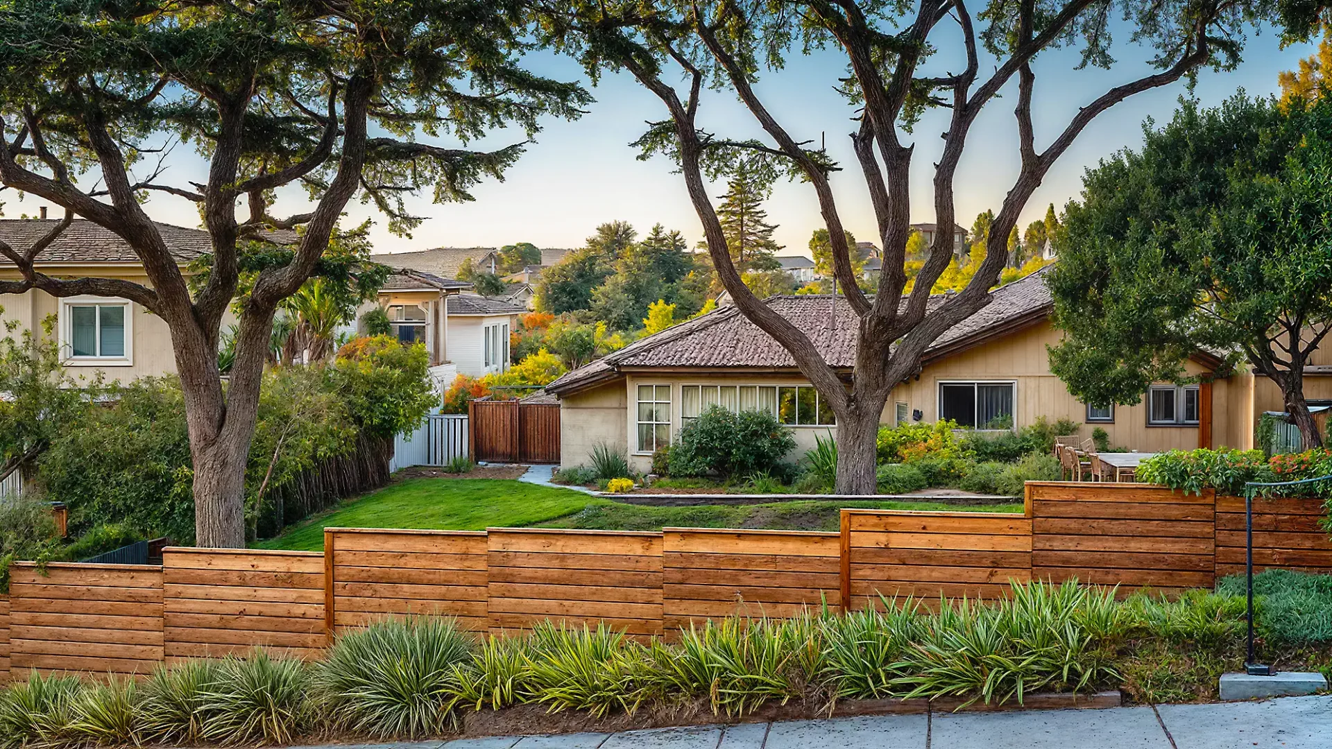 A suburban scene with a wooden fence in the foreground, a green lawn, and houses managed by rental property management companies surrounded by large trees and shrubs in the background. A suburban scene with a wooden fence in the foreground, a green lawn, and houses managed by rental property management companies surrounded by large trees and shrubs in the background.