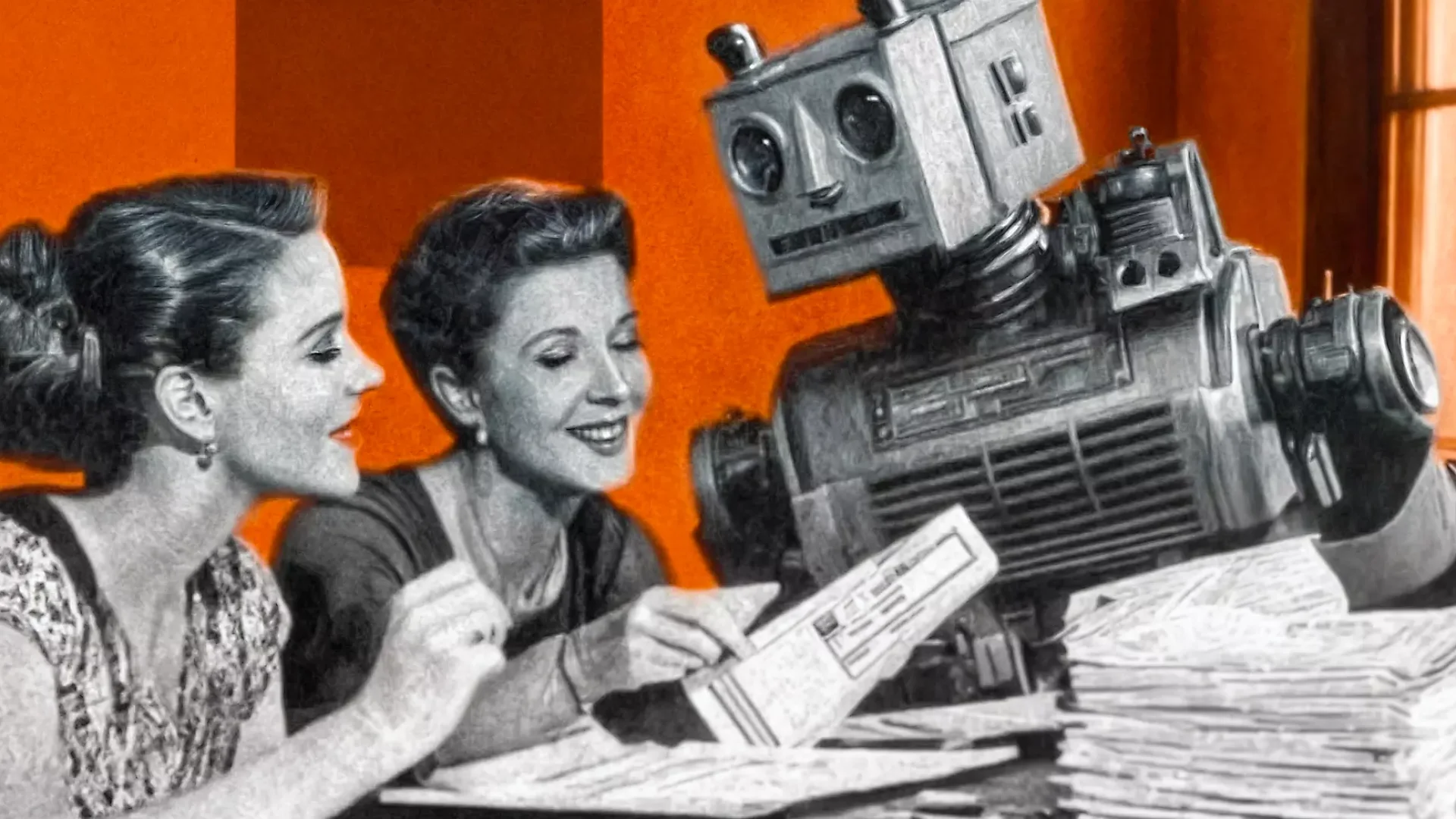 Two women sit at a table with a robot, reviewing documents and smiling. A stack of papers is in front of them. The background features an orange wall and a window, emphasizing their commitment to east bay diy landlords amidst discussions on san francisco’s ai rent ban. Two women sit at a table with a robot, reviewing documents and smiling. A stack of papers is in front of them. The background features an orange wall and a window, emphasizing their commitment to East Bay DIY Landlords amidst discussions on San Francisco's AI Rent Ban.